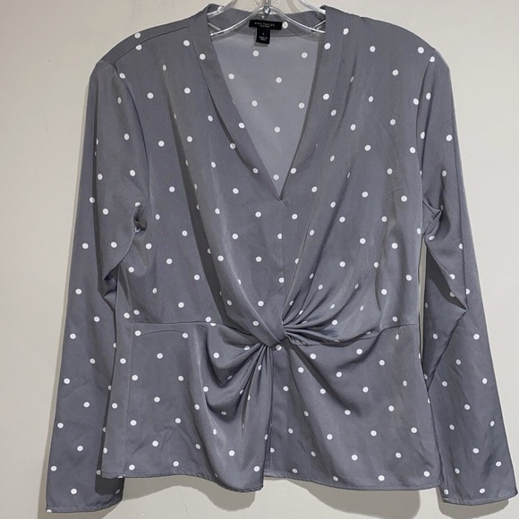 EUC Ann Taylor Charcoal Polka Dot Twist Blouse w/Long Sleeves V Neck LOVELY - Picture 7 of 14